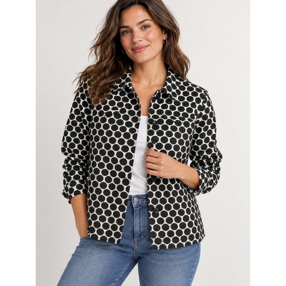 Croft & Barrow Jacket Women Large Retro Mod Polka Dot Black White Stretch Cotton